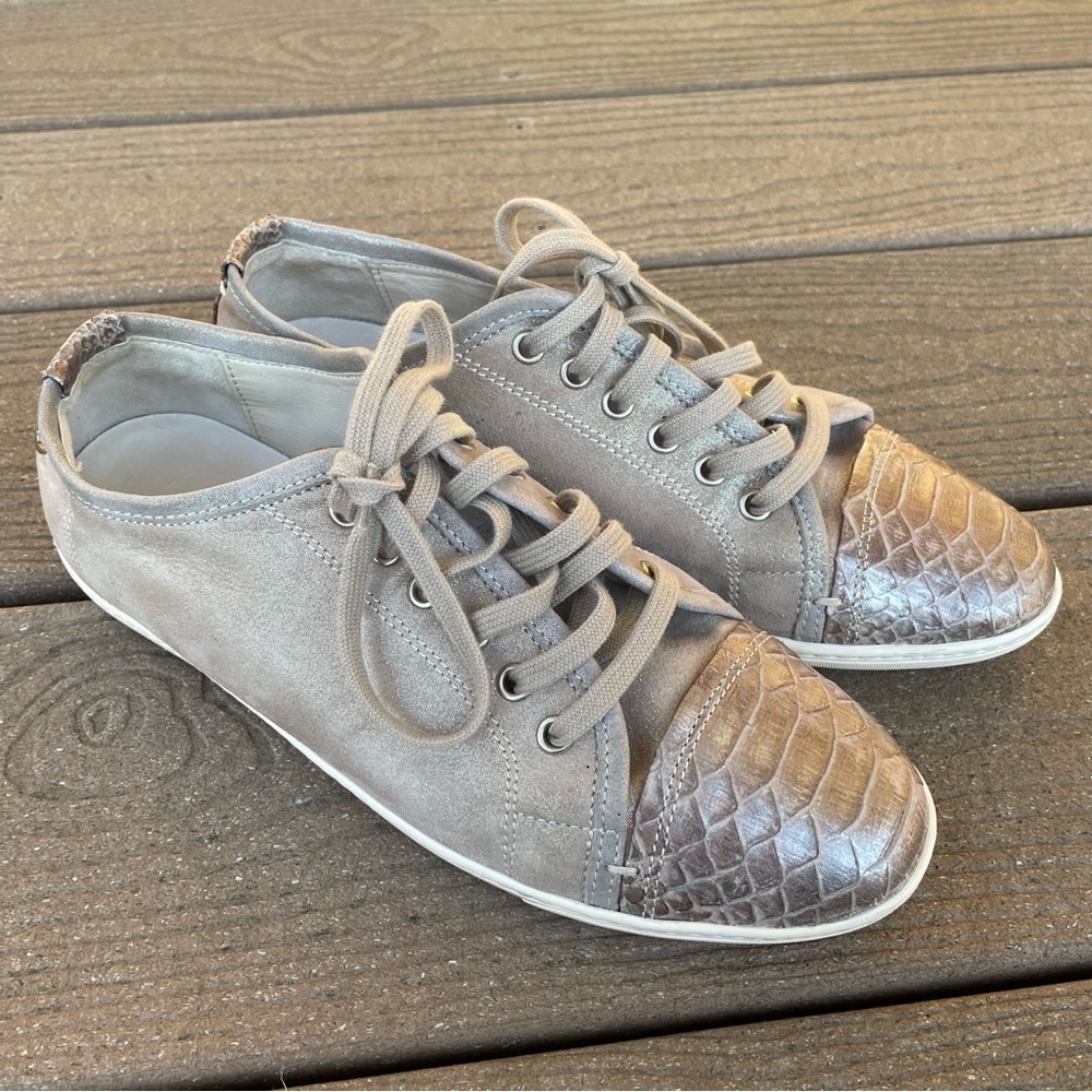 Agl Taupe Suede Sneakers with Metallic Snakeskin Toe